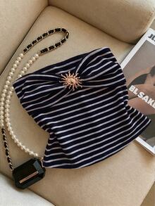 Franclia Women's Summer Casual Striped Metal Decor Tube Top - Black - View 5