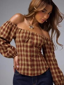 NYA SZN Autumn Fashion Plaid Shoulder Top - Red - View 3
