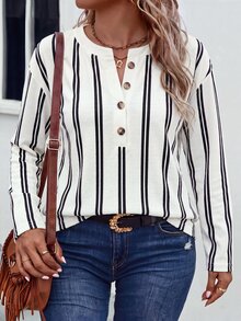 SHEIN LUNE Fashion Vintage Casual Basic Plus Size T-Shirt With Button Design, White Base And Black Vertical Stripe Print - Multicolor - View 4