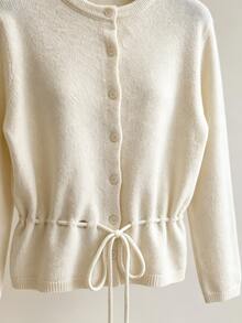 SHEIN Franclia Women Drawstring Waist Fuzzy Knit Cardigan, Long Sleeve Round Neck Button Front Slim Fit Cropped Sweater Coat - White - View 6