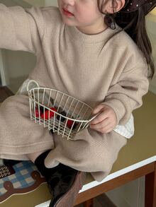 DAZY Infant (Girl) Round Neck Long Sleeve Colorblock Patchwork Korean Style 2 Pieces Sweatshirt Set Fall - Apricot - View 3