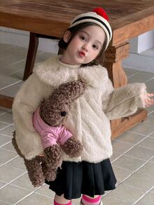 DAZY Infant/Toddler (Girl) Solid Color Oversized Collar Korean Style Velvet Long Sleeve Autumn/Winter Jacket - Coffee Brown - View 3