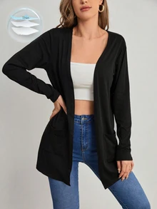 Elenzga Jaket Cardigan Tipis Lengan Panjang dengan Kantong, Model Slimming Relaxed Fit untuk Wanita Ukuran Plus, Cocok untuk di Rumah & Bepergian - Hitam - View 1