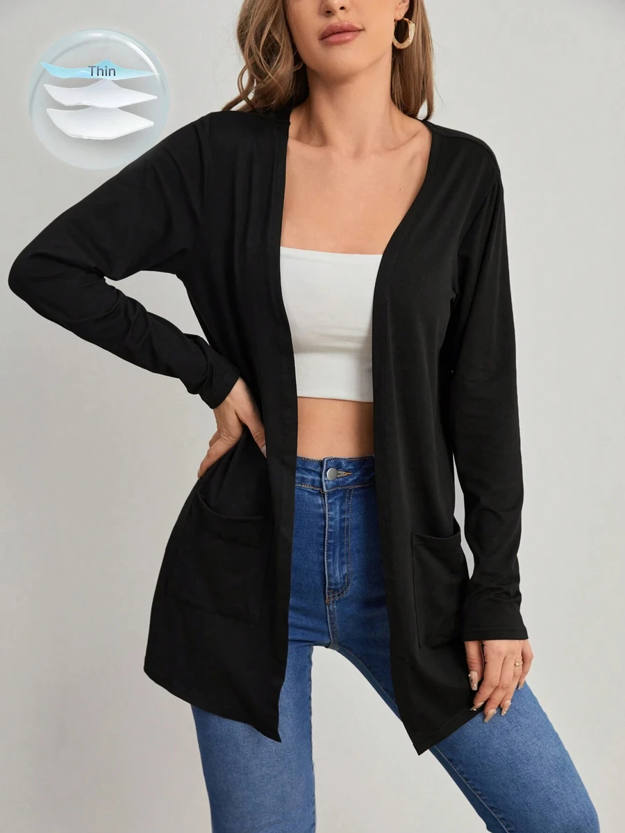 Elenzga Jaket Cardigan Tipis Lengan Panjang dengan Kantong, Model Slimming Relaxed Fit untuk Wanita Ukuran Plus, Cocok untuk di Rumah & Bepergian - Hitam - View 1