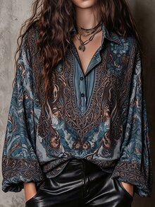 Linhara CURVE Plus Size Women's Bohemian Vintage Print Woven Shirt, Spring/Autumn, Lapel Collar, Half-Button Front, Loose Fit, Dropped Shoulder, Relaxed Casual Style - Blue - View 1