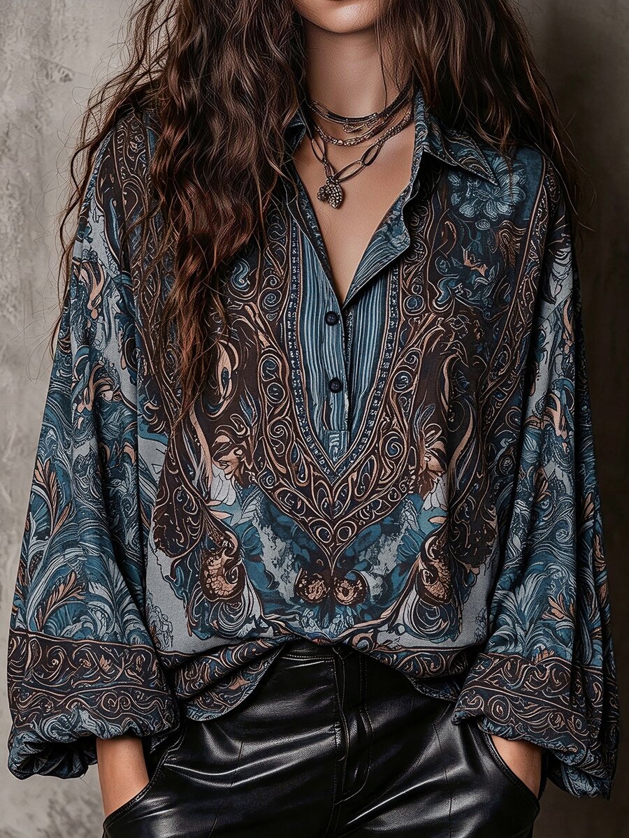 Linhara CURVE Plus Size Women's Bohemian Vintage Print Woven Shirt, Spring/Autumn, Lapel Collar, Half-Button Front, Loose Fit, Dropped Shoulder, Relaxed Casual Style - Blue - View 1