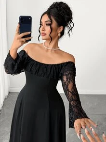 Cravure Plus Size Women's Off-Shoulder Contrast Lace Long Dress Fall - Black - View 2