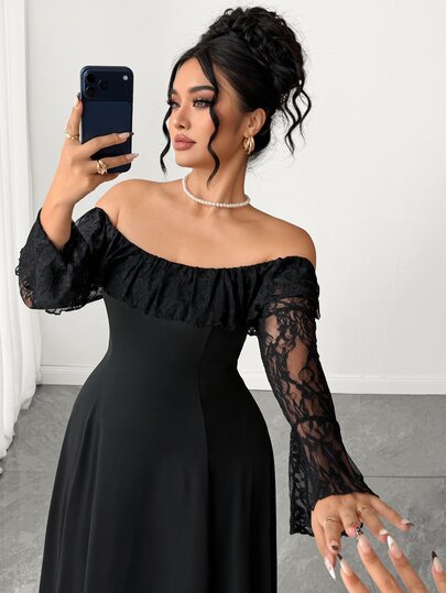 Cravure Plus Size Women's Off-Shoulder Contrast Lace Long Dress