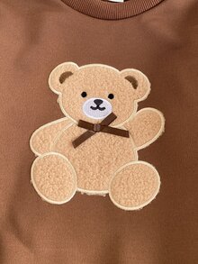 SHEIN Playful Pals 女童獨特鉤編愛心拼接套頭洋裝，粉色網紗下擺，甜美可愛時尚秋季愛心造型洋裝 - 棕色 - 查看 7