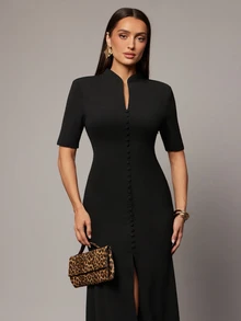 Silquee Women's Button-Up Elegant Dress Suitable For Daily Commute - Black - View 6