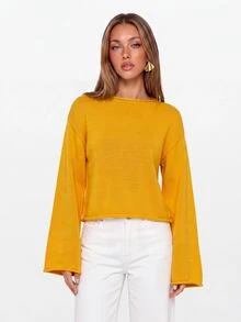 Avantive Sweater Kasual Lengan Panjang Bahu Longgar Warna Polos untuk Wanita, Cocok untuk Makan Siang Thanksgiving, Warna Kuning Mustard, dan Musim Gugur. - Kuning - View 6