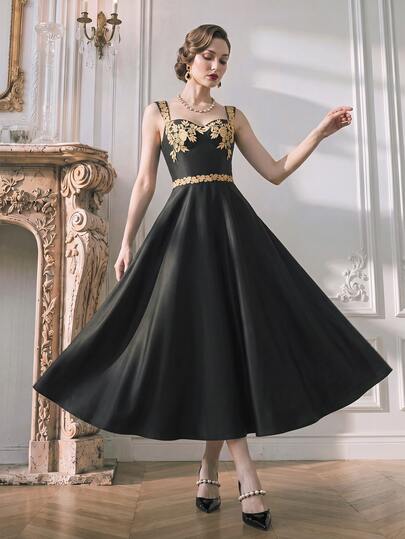 Suri Mira Women's Elegant Romantic Luxury Vintage Black Jacquard Embroidered Long Dress, Formal Evening Gown Party Weddings Vacation Fall Winter