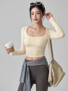 DAZY Women's Solid Color Back Cutout Long Sleeve Sports T-Shirt Fall - Beige - View 6
