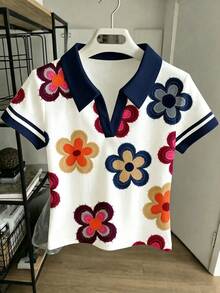 壓花 T 恤 波西米亞野花植物印花上衣 Chill Chill 青少年女孩休閒短袖上衣 夏季風格 剪裁款 - 白色 - 查看 6