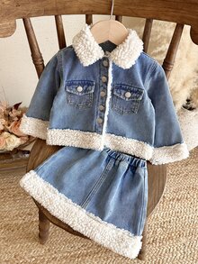 Baby Girl Autumn/Winter Blue Denim Fleece Trim Loose Short Jacket & Skirt 2-Piece Set - Blue - View 1