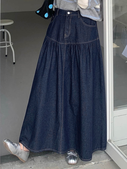 Dazy Plus Dark Wash Blue Patchwork A-Line Denim Maxi Skirt, Versatile Spring/Autumn New Style