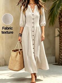 Linhara Plus Size Women Grey Midi Dress V-Neck Half Placket Front Button 3/4 Puff Elastic Cuff Sleeve Cinched Waist Flowy A Line Casual Boho Vacation Summer - Apricot - View 4