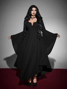 Whyspr Plus Size Hooded Long Sleeve Halloween Gothic Witch Vintage Dress - Black - View 3