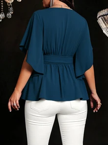 Auvina Plus Size Women's Solid Color Fitted V-Neck Short Sleeve Tie Waist Ruffle Hem Elegant Daily Party Blouse - Teal Blue - View 2