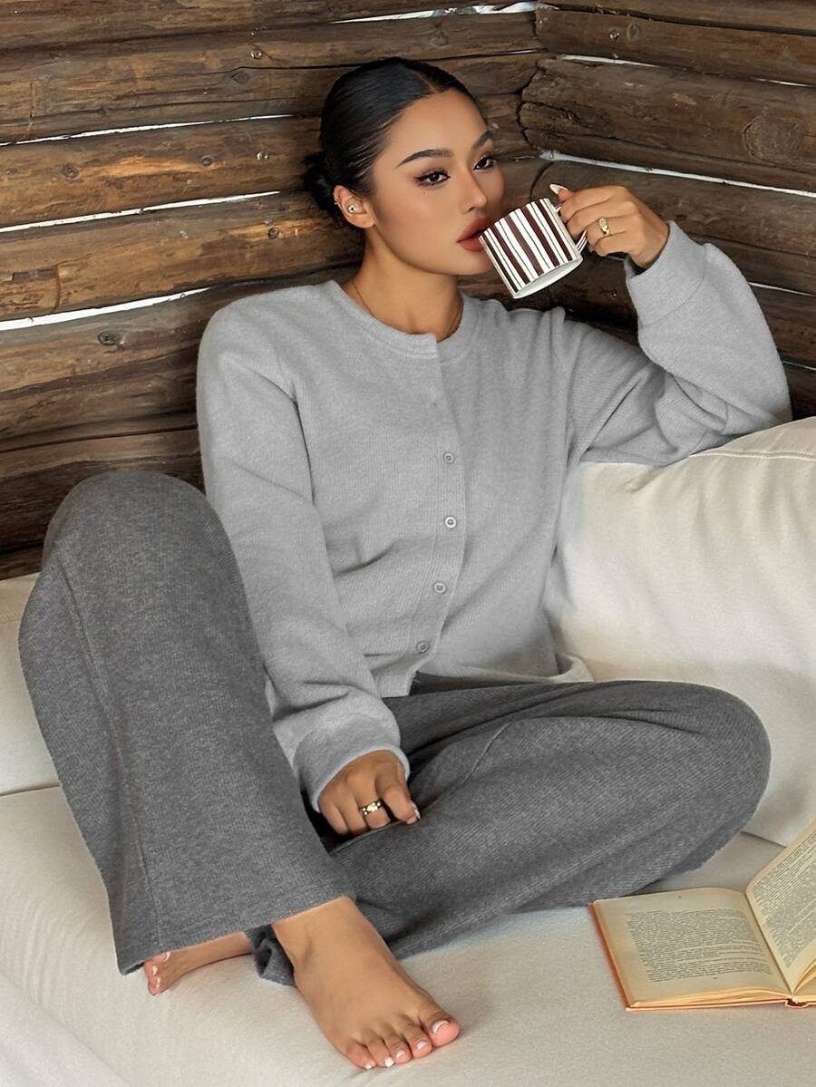 Dazy Plus Autumn/Winter Minimalist Brushed Knit Relaxed Fit Loungewear Pajama Set, Suitable For Home And Outdoor Wear - Grey - View 1