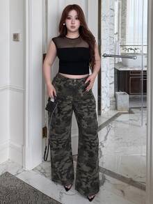 Dazy Plus Vintage Camouflage Cargo Pants Straight Fit Multi-Pocket Washed Distressed Casual Versatile Low Waist Jeans Fall - Army Green - View 5