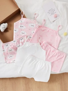 6pcs/Set Girls Pink Bow & Heart All-Over Print Lace Trim Sweet Cute Comfortable Casual Camisole & Bikini Panty Lingerie Set Autumn Winter - Multicolor - View 2