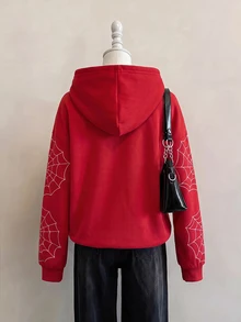 SHEIN EZwear 女款休閒拉鍊寬鬆連帽衛衣，蜘蛛印花，秋季服飾，Y2K通勤穿搭，基礎款，復古，萬聖節裝扮，紅白色 - 彩色 - 查看 4