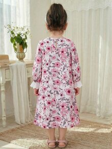 SHEIN LMoss Kids 少女寬鬆休閒蕾絲拼接碎花居家服 - 粉色 - 查看 2