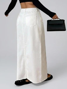 Dazy Plus Spring Summer Autumn New High Waist Solid White Front Slit Frayed Hem Straight Leg Slim Fit Cotton Denim Skirt - White - View 3