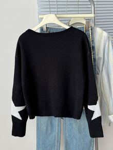 SHEIN 青少年女孩日常秋冬款星星圖案針織毛衣 - 黑與白 - 查看 2