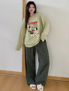 Dazy Plus 2pcs Cute Puppy Print Loose Long Sleeve T-Shirt & Plaid Straight Leg Long Pajama Pants Set, Spring/Autumn Sleepwear Outfit - Green - View 1