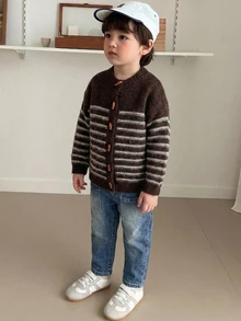 DAZY Young Boys' Colorblock Casual Striped Long Sleeve Cardigan Sweater, Autumn/Winter - Brown - View 3