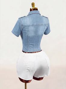 SHEIN 女款街頭風鈕扣短袖修身牛仔夾克 - 藍色 - 查看 2