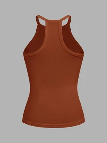 Slaydiva 2026 Primavera/Verano Nuevo Básico Casual Versátil Blanco Liso Acanalado Cuello Redondo Espalda de Corredor - Marrón Mocha - Ver 2