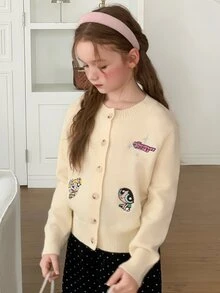 THE POWERPUFF GIRLS X DAZY Tween Girl Cartoon Embroidered Round Neck Long Sleeve Cardigan, Autumn/Winter - Apricot - View 3