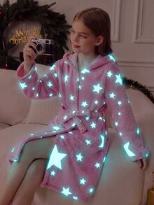 SHEIN Tween女孩秋冬休閒雙面抓絨螢光星星印花貼袋連帽睡袍居家服粉色兒童睡衣 - 藕粉色 - 查看 8