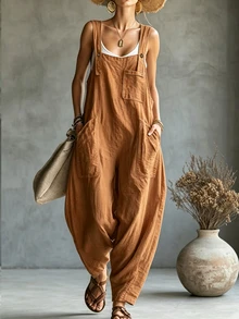 Glimmora Women's Fashion Solid Color Button Strap Pocket Jumpsuit - Yellow - View 3