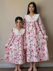 SHEIN LMoss Kids 少女寬鬆休閒蕾絲拼接碎花居家服 - 粉色 - 查看 6