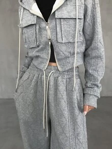 FRIFUL Damen 2er Set Reißverschluss Langarm Kapuzenpullover und Hose mit Kordelzug Taille und Taschen - Grau - Übersicht 2