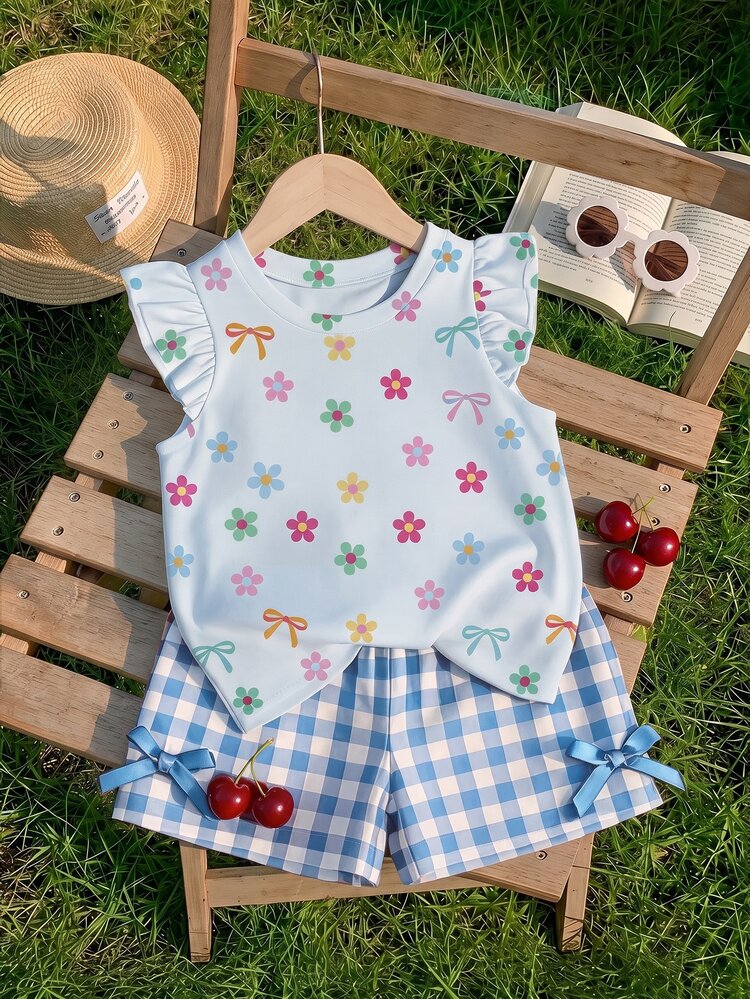 Baby Girl Casual Fashion Cute Flutter Sleeve Cartoon Print Round Neck Top, Suitable For Spring And Summer - Multicolor - View 1