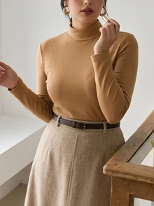 Dazy Plus Solid Color Casual Plus Size Thermal Lined Thickened Mock Neck Versatile Layering Long Sleeve Yellow Autumn/Winter T-Shirt - Yellow - View 3