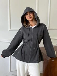 Livesso Women's Solid Color Drawstring Hooded Zip-Up Casual Everyday Long Sleeve Sweatshirt Fall - Grey - View 1