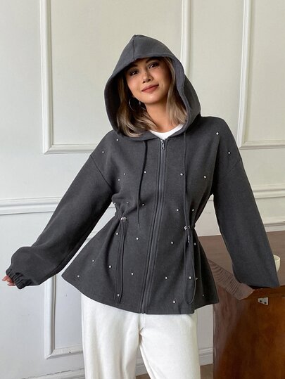 Livesso Damen einfarbiges Kapuzen-Sweatshirt mit Kordelzug und Reißverschluss, lässig für den Alltag, langärmlig