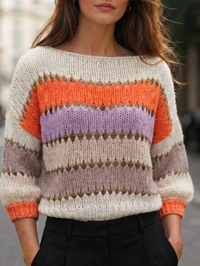 Elafinee Women's Colorblock Striped Hollow Out Sweater