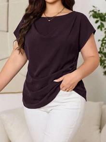 Reflora Plus Size Minimalist Pleated Waist Blouse For Office And Commute - Maroon - View 1