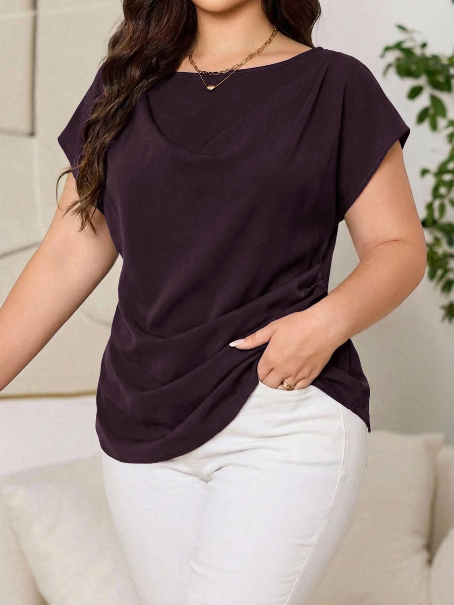 Reflora Plus Size Minimalist Pleated Waist Blouse For Office And Commute - Maroon - View 1