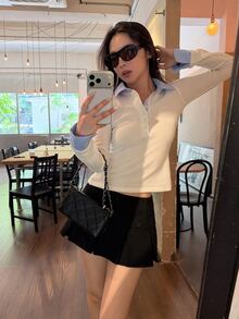 DAZY Women's Contrast Color Lapel Casual Long Sleeve Korean Style Versatile T-Shirt - White - View 1