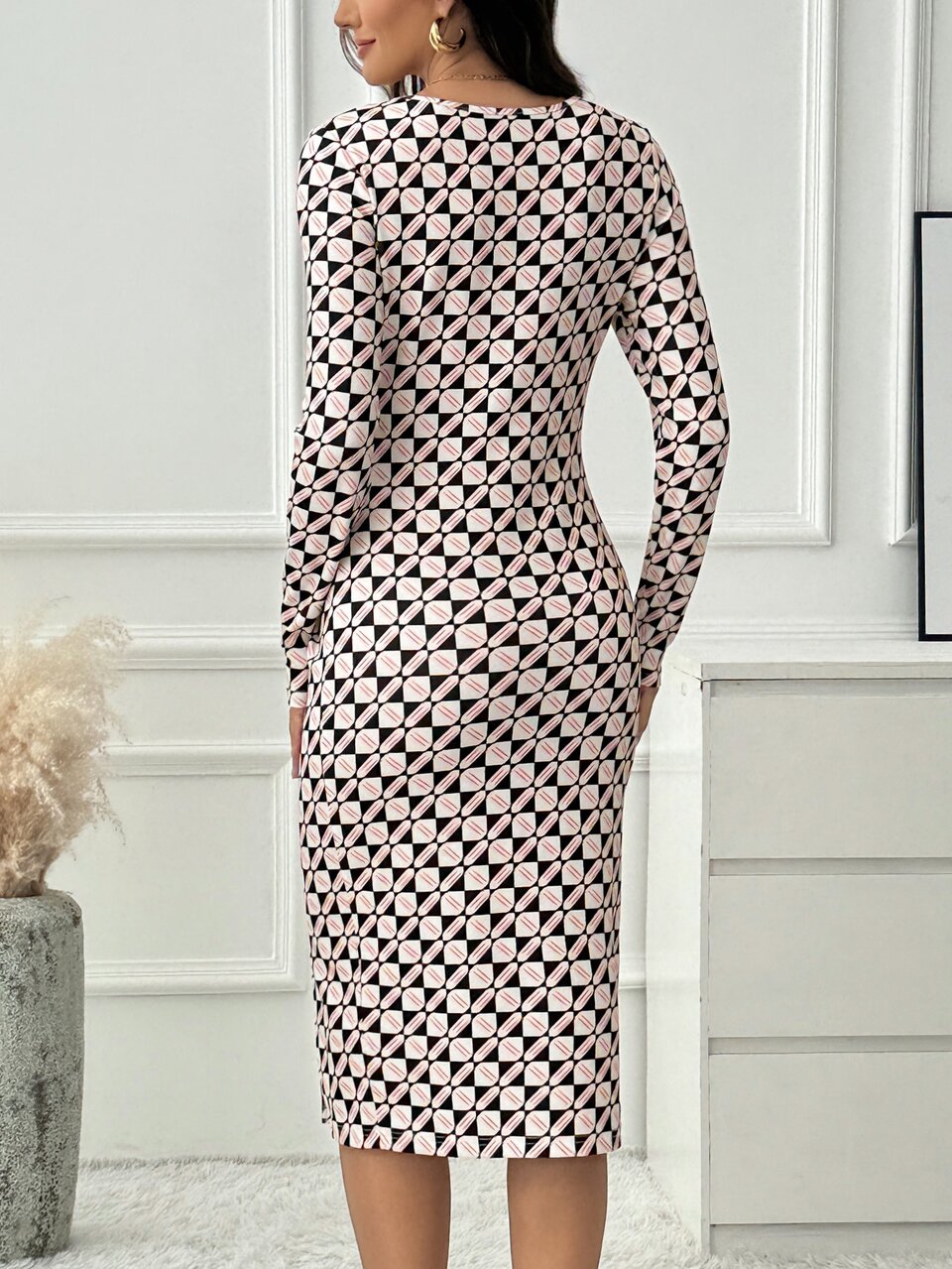 Women's All-Over Print Fitted Midi Dress With Side Slit