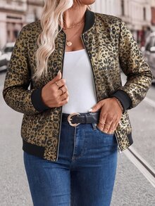 EMERY ROSE Plus Size Women Shiny Leopard Print Short Open‑Front Jacket, Elegant Autumn Winter Outerwear For Evening Outings & Holiday Parties - Black - View 4