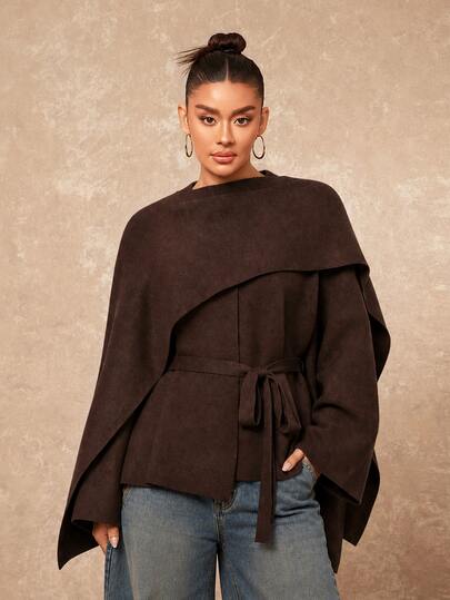 Lumalex Women's Brown Vintage Street Style Long Sleeve Knit Cardigan Cinched Waist Cape For Daily Outing Urban Commuting Business Gathering Holiday Wear